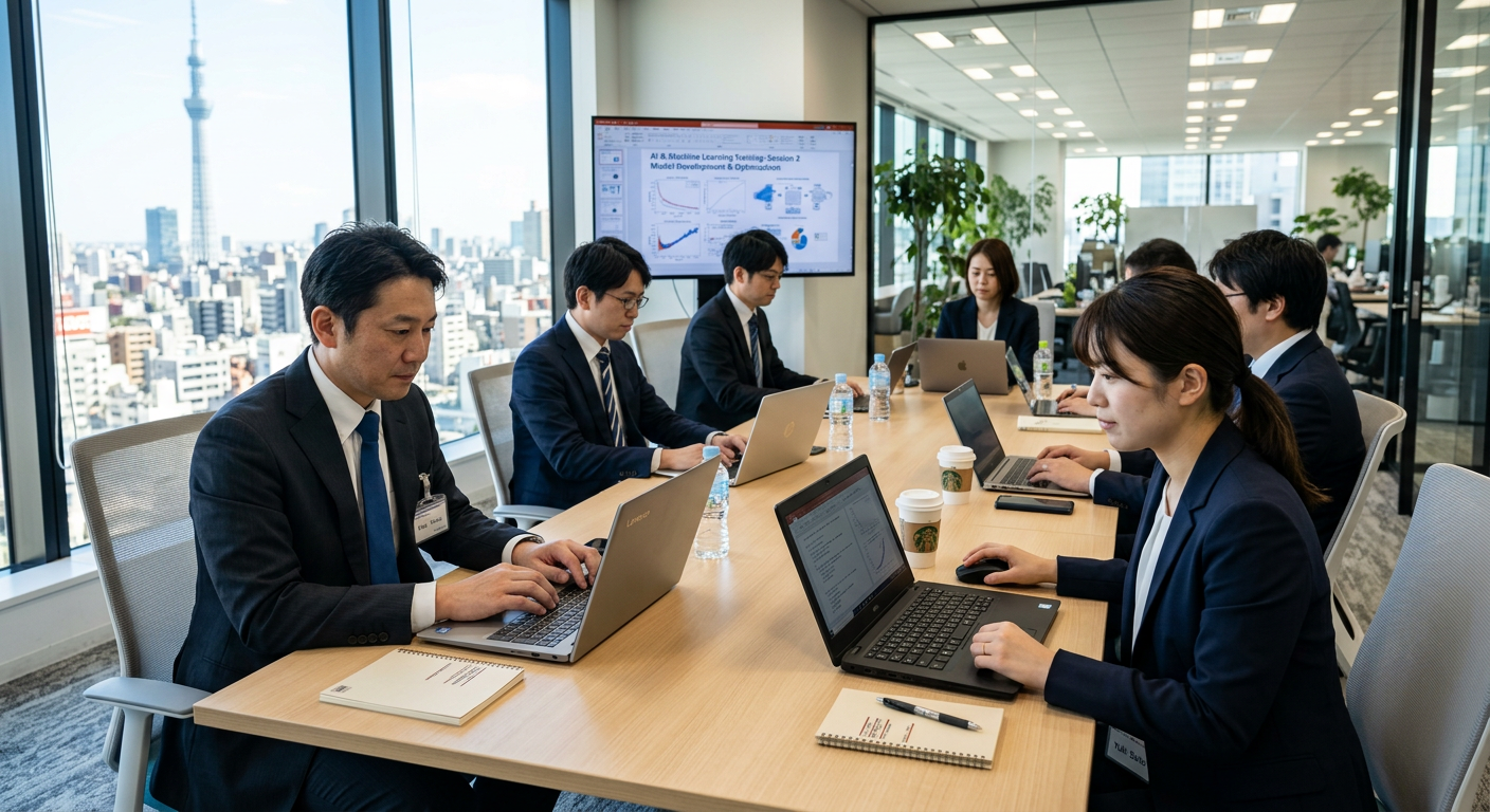 ビジネスチームがAI研修に取り組む様子